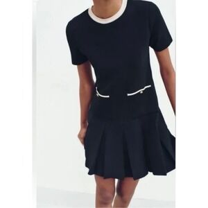 Zara Black Knit Pleated Mini Dress Short Sleeve Gold Button Preppy Women S
